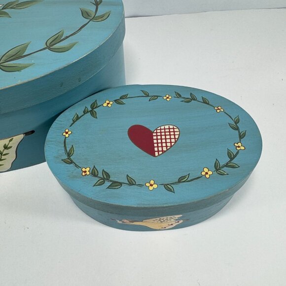 Russ Hand Painted Wood Cheese Box Trinket Storage Blue Folk Art Cottagecore - Picture 3 of 12